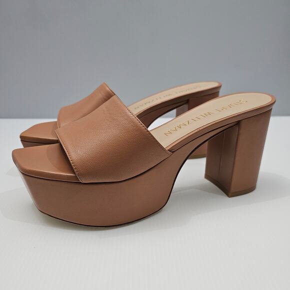 Stuart Weizman Squarehigh 95 Platform Sandal 10 Tan Leather Square Toe Heel - Picture 13 of 13